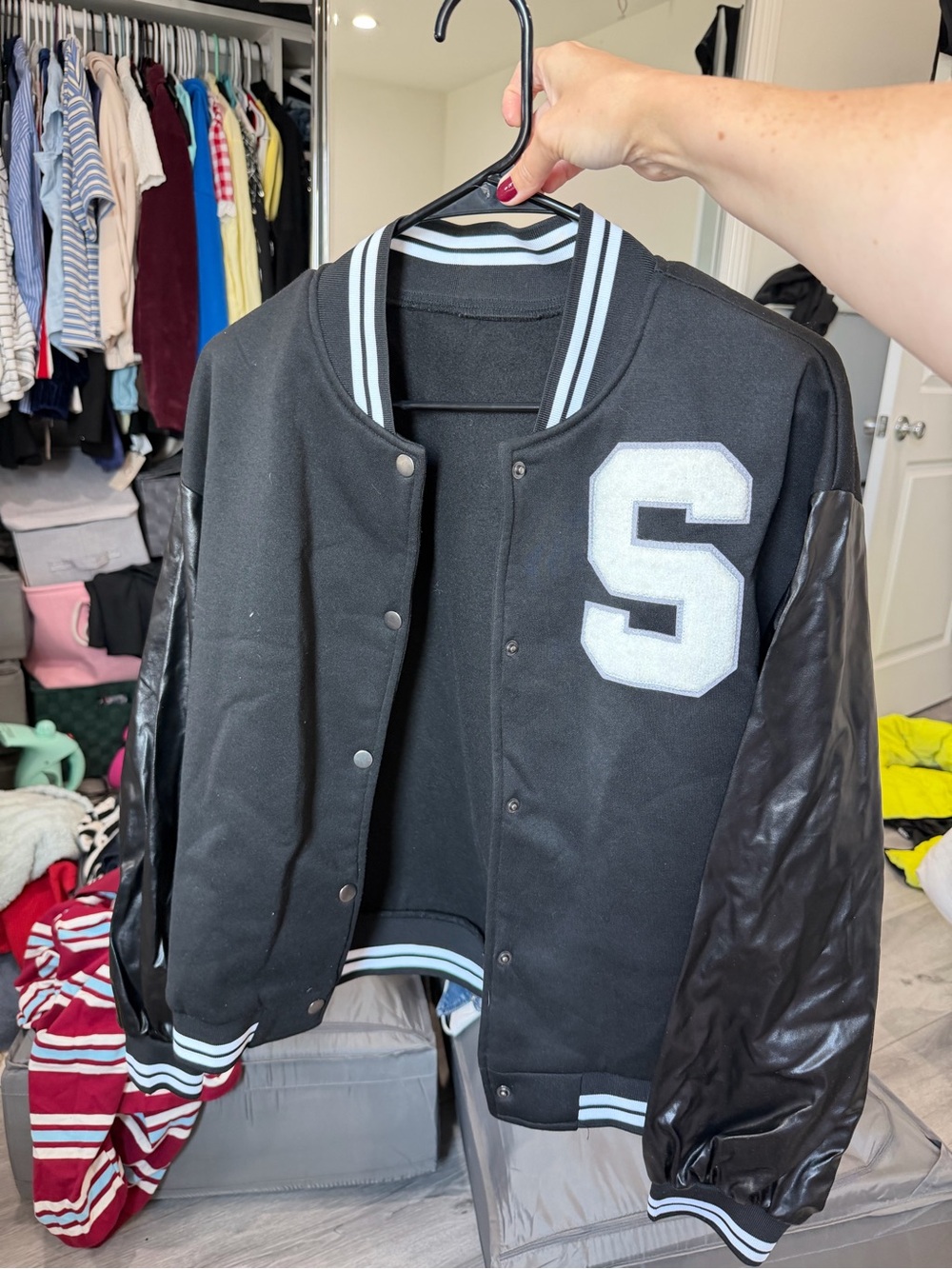 ASOS Black Bomber Varsity Jacket with White 'S' Patch